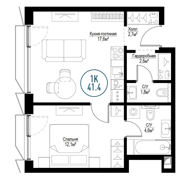 1 комн. квартира, 41 м², 22 этаж 