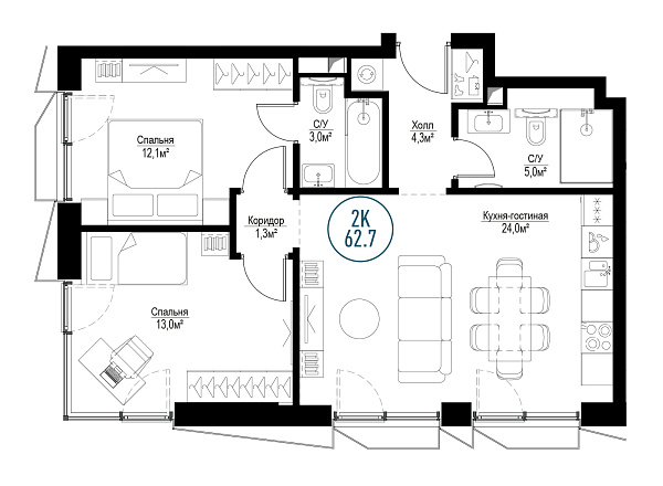2 комн. квартира, 61.5 м², 3 этаж 