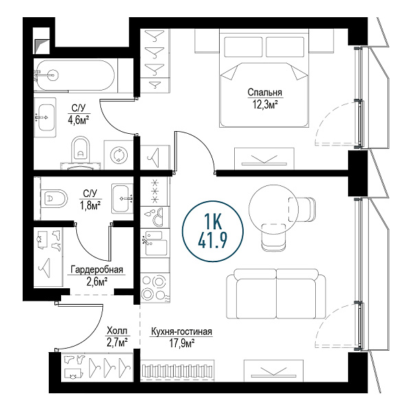 1 комн. квартира, 41.3 м², 22 этаж 