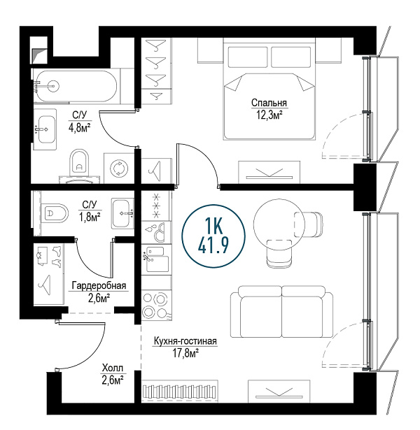 1 комн. квартира, 41.4 м², 4 этаж 