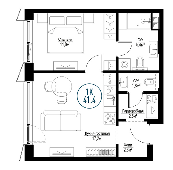 1 комн. квартира, 41.5 м², 2 этаж 