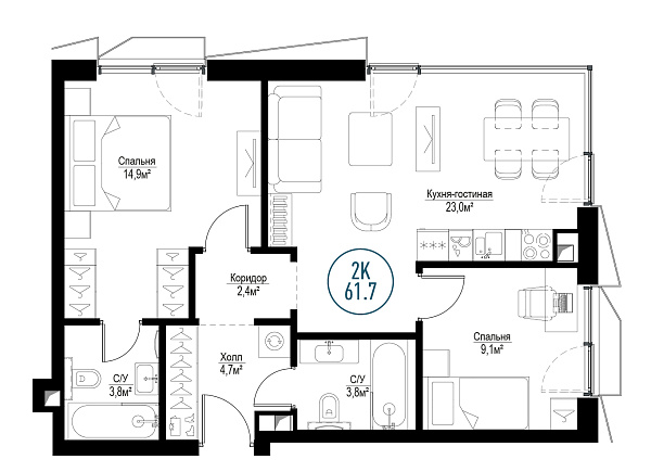 2 комн. квартира, 60.5 м², 11 этаж 