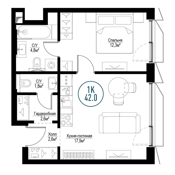 1 комн. квартира, 41.6 м², 15 этаж 