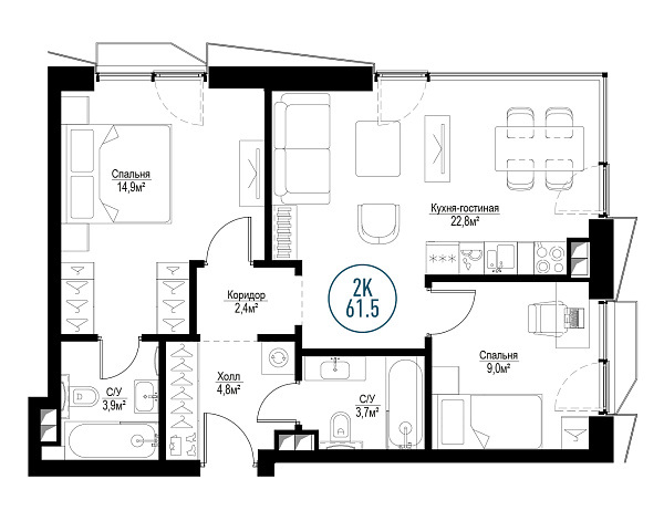 2 комн. квартира, 60.7 м², 2 этаж 