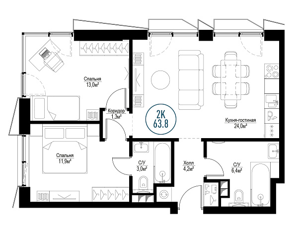 2 комн. квартира, 63.1 м², 2 этаж 