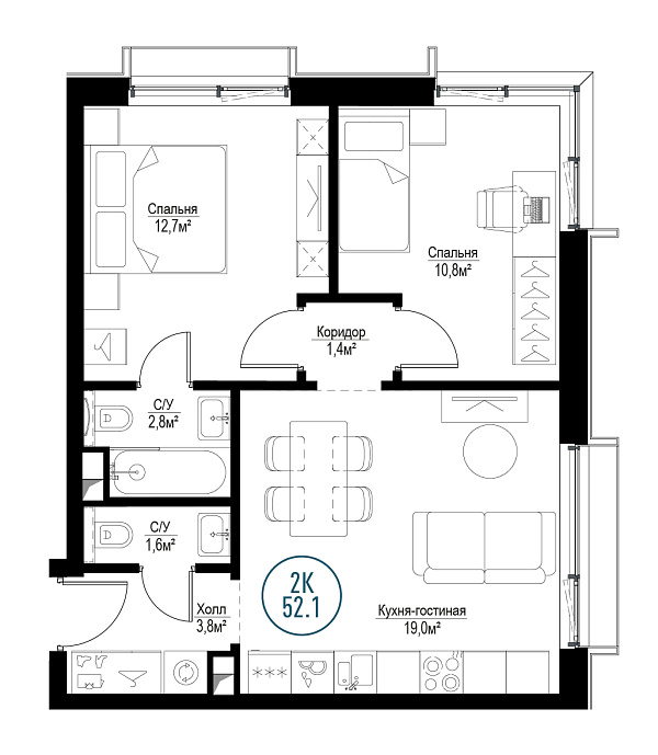 2 комн. квартира, 52.4 м², 16 этаж 