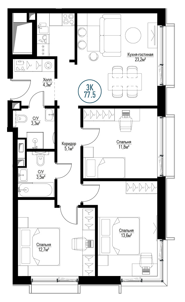 3 комн. квартира, 77.6 м², 16 этаж 