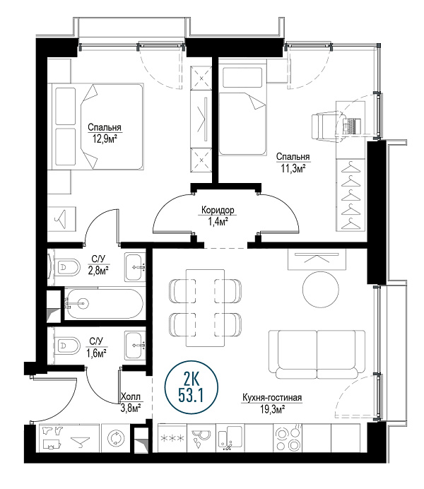 2 комн. квартира, 52.5 м², 26 этаж 