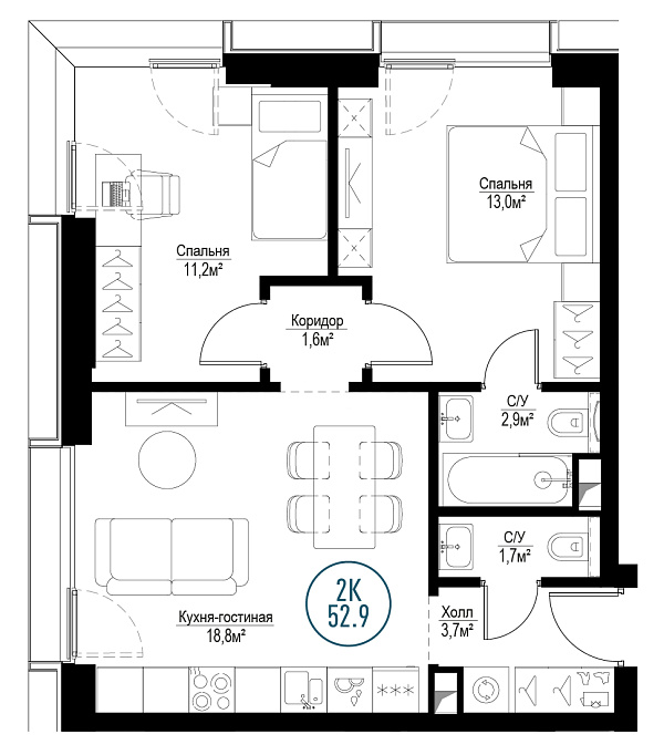 2 комн. квартира, 52.2 м², 6 этаж 