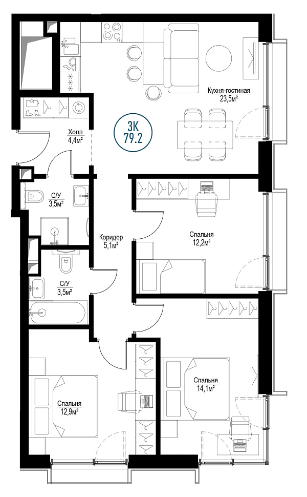 3 комн. квартира, 78.4 м², 27 этаж 