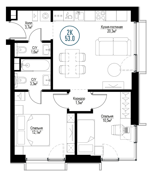 2 комн. квартира, 52.5 м², 10 этаж 