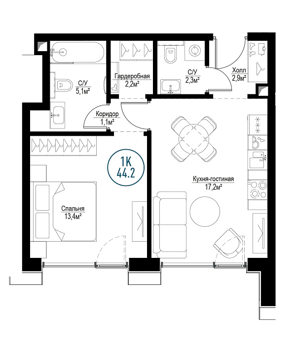 1 комн. квартира, 44.2 м², 24 этаж 