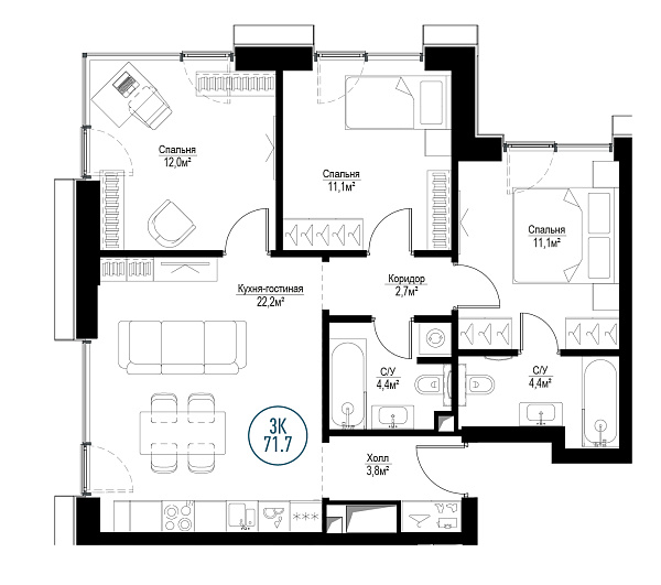 3 комн. квартира, 70.6 м², 8 этаж 