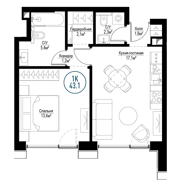 1 комн. квартира, 42.5 м², 8 этаж 