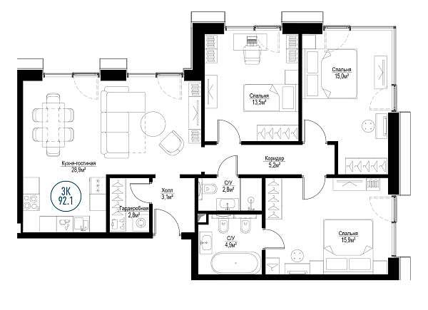 3 комн. квартира, 91 м², 24 этаж 
