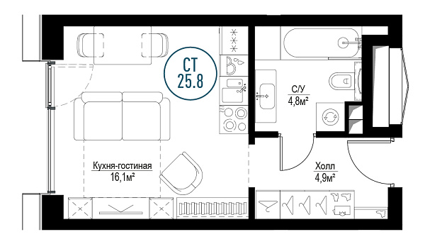 студия, 25.7 м², 2 этаж 