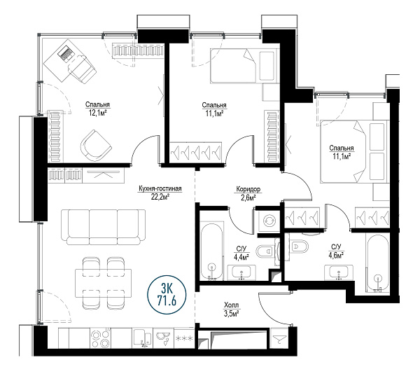 3 комн. квартира, 70.8 м², 22 этаж 
