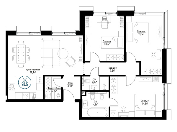 3 комн. квартира, 90.8 м², 16 этаж 