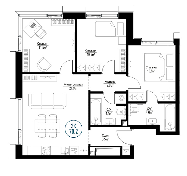 3 комн. квартира, 70.4 м², 16 этаж 