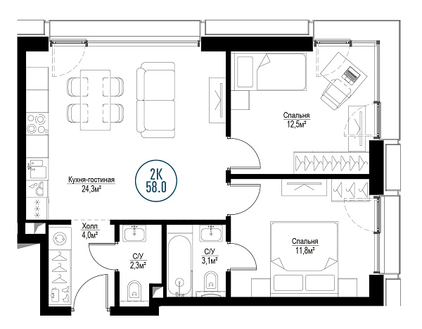 2 комн. квартира, 57.4 м², 29 этаж 