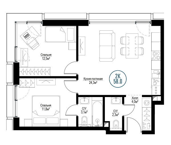 2 комн. квартира, 57.2 м², 30 этаж 