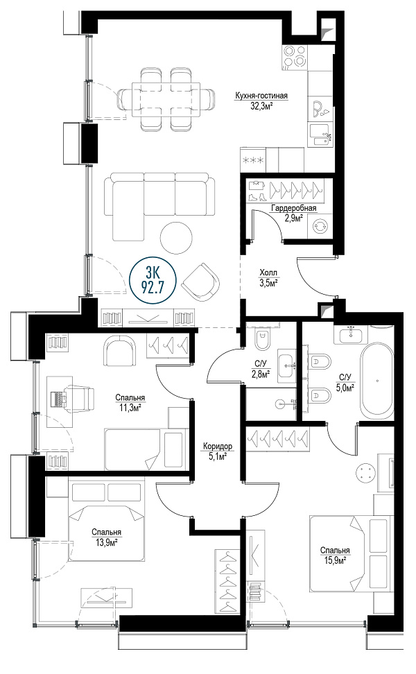 3 комн. квартира, 91.4 м², 13 этаж 