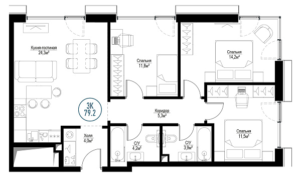 3 комн. квартира, 78.5 м², 22 этаж 