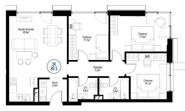3 комн. квартира, 79.6 м², 2 этаж 