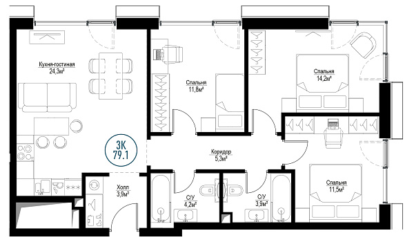 3 комн. квартира, 78.1 м², 13 этаж 