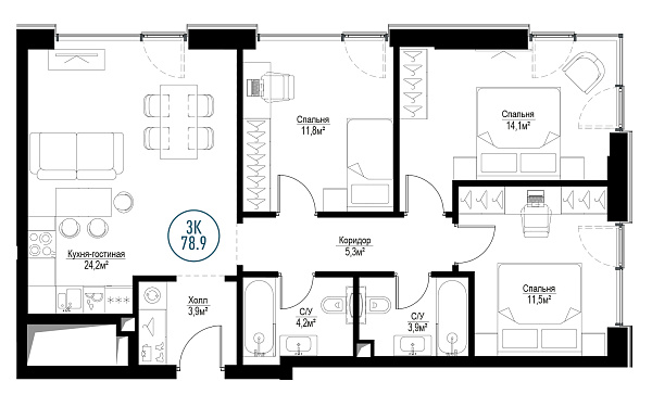 3 комн. квартира, 77.7 м², 6 этаж 