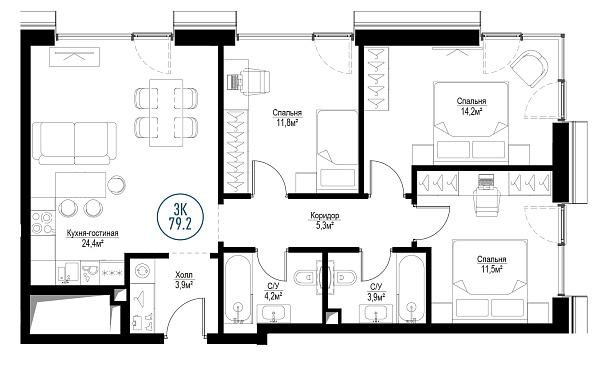 3 комн. квартира, 78.4 м², 25 этаж 