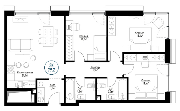 3 комн. квартира, 78.1 м², 28 этаж 