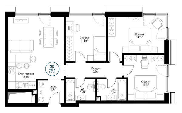 3 комн. квартира, 78 м², 14 этаж 