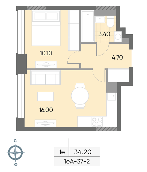 студия, 34.2 м², 2 этаж 