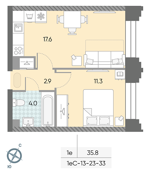 студия, 35.8 м², 25 этаж 