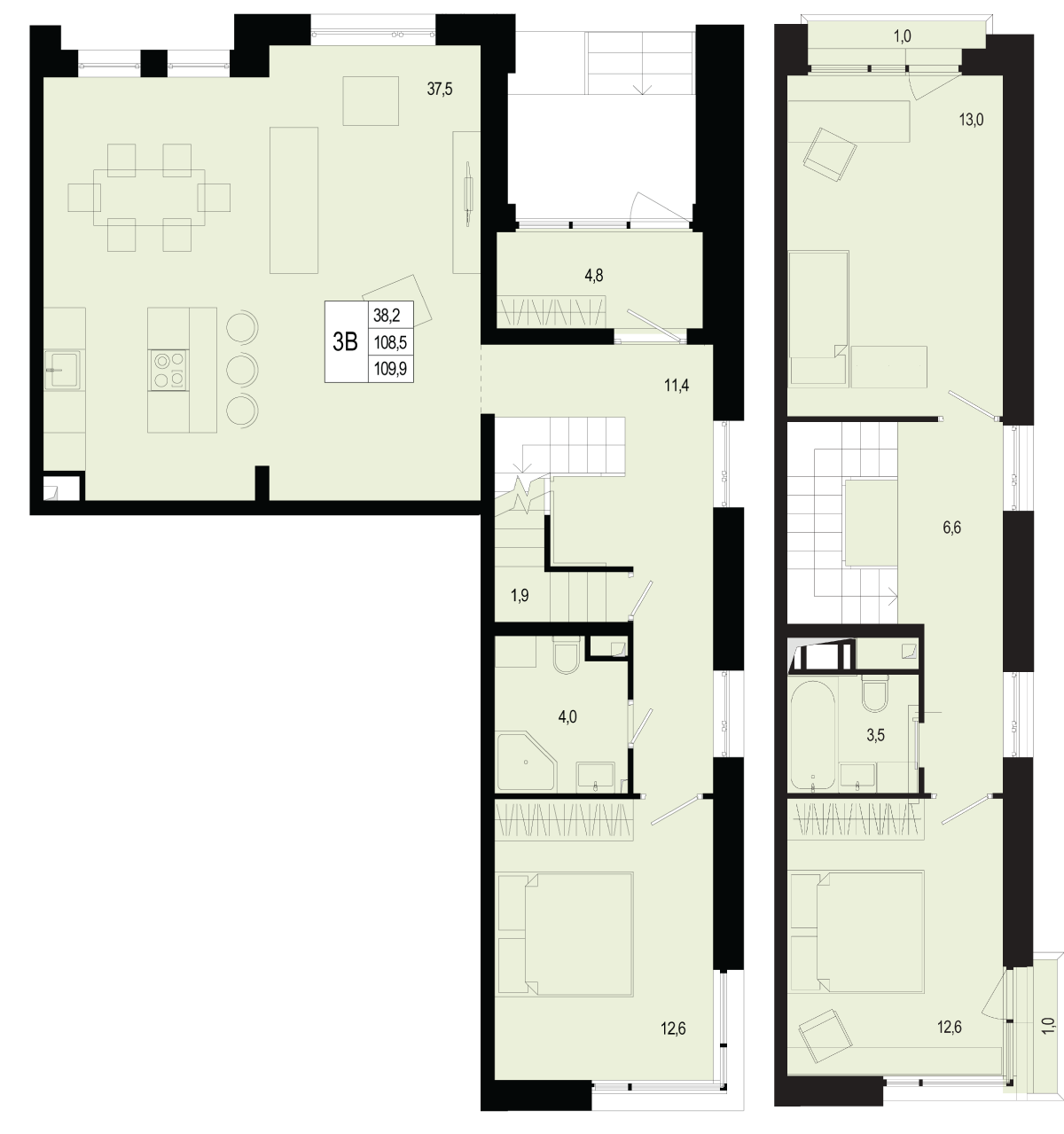 3 комн. квартира, 108.5 м², 1 этаж 
