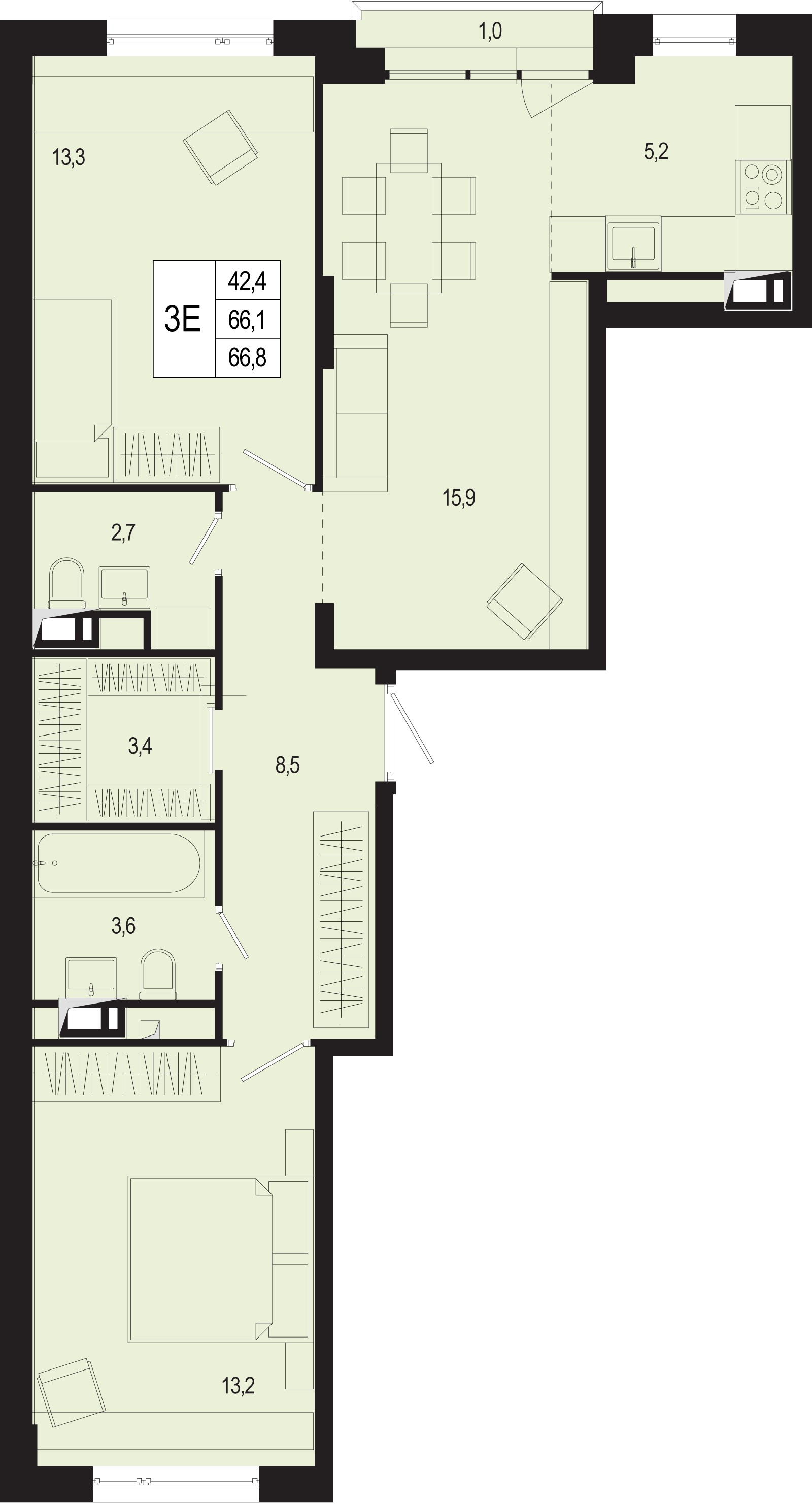 3 комн. квартира, 66.1 м², 5 этаж 