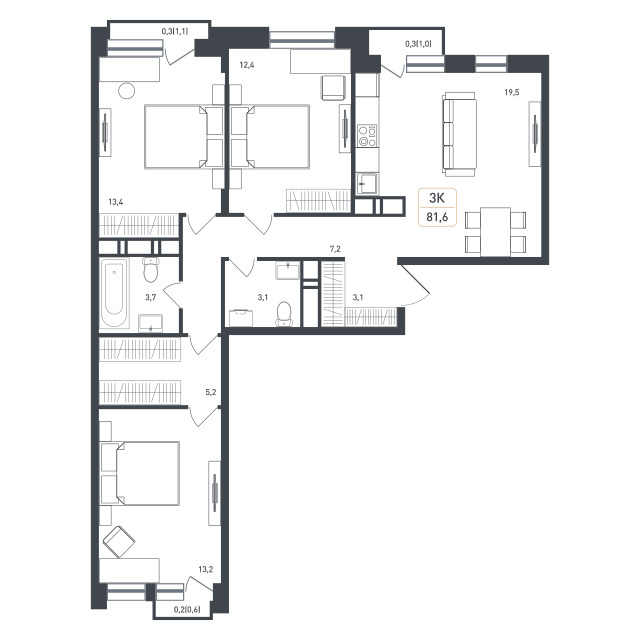 3 комн. квартира, 81.6 м², 5 этаж 