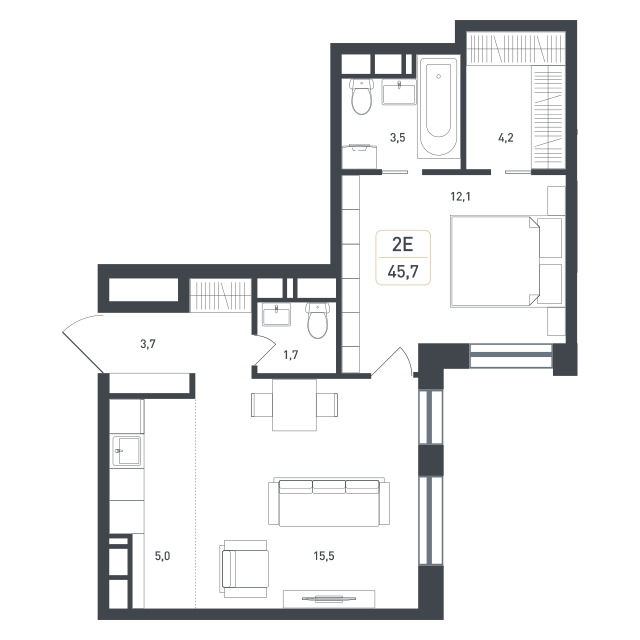 2 комн. квартира, 45.7 м², 6 этаж 