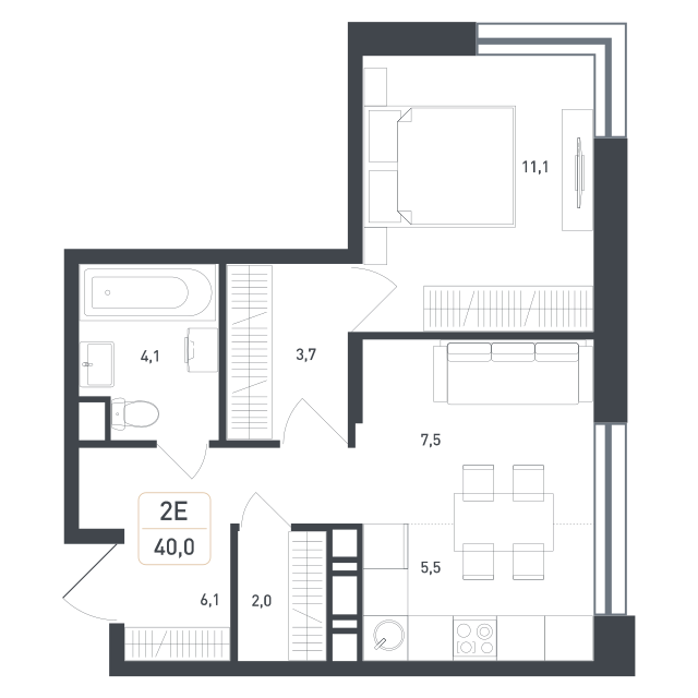 2 комн. квартира, 40 м², 1 этаж 