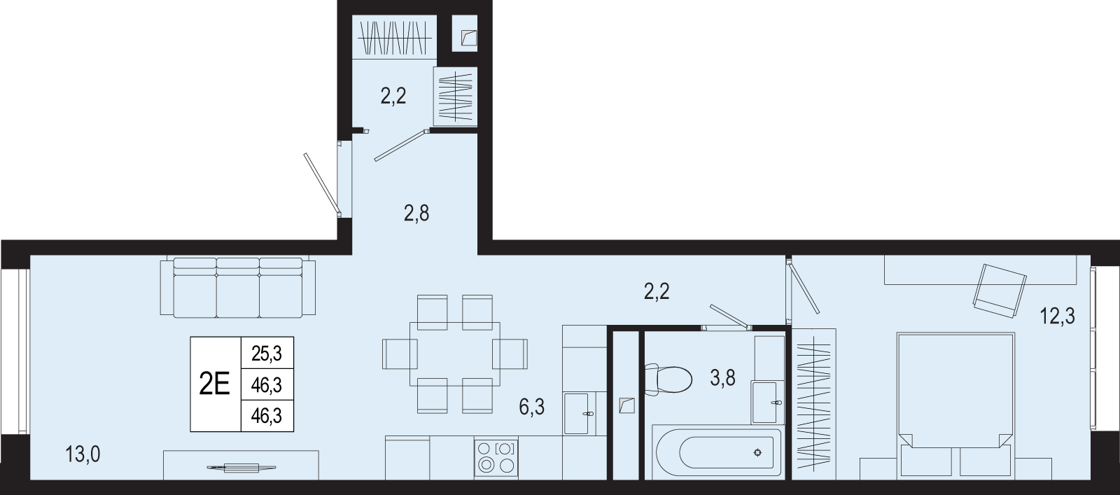 2 комн. квартира, 46.3 м², 1 этаж 