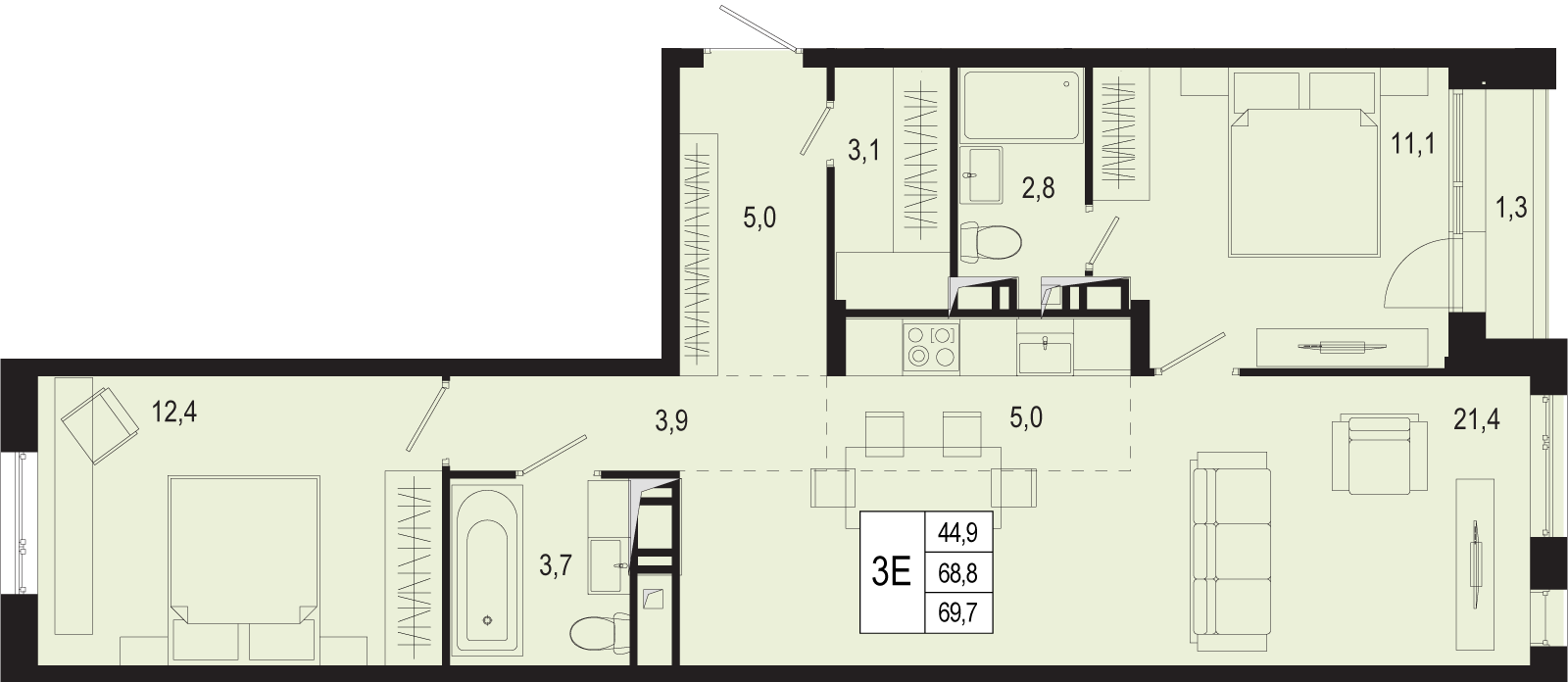 3 комн. квартира, 68.8 м², 4 этаж 
