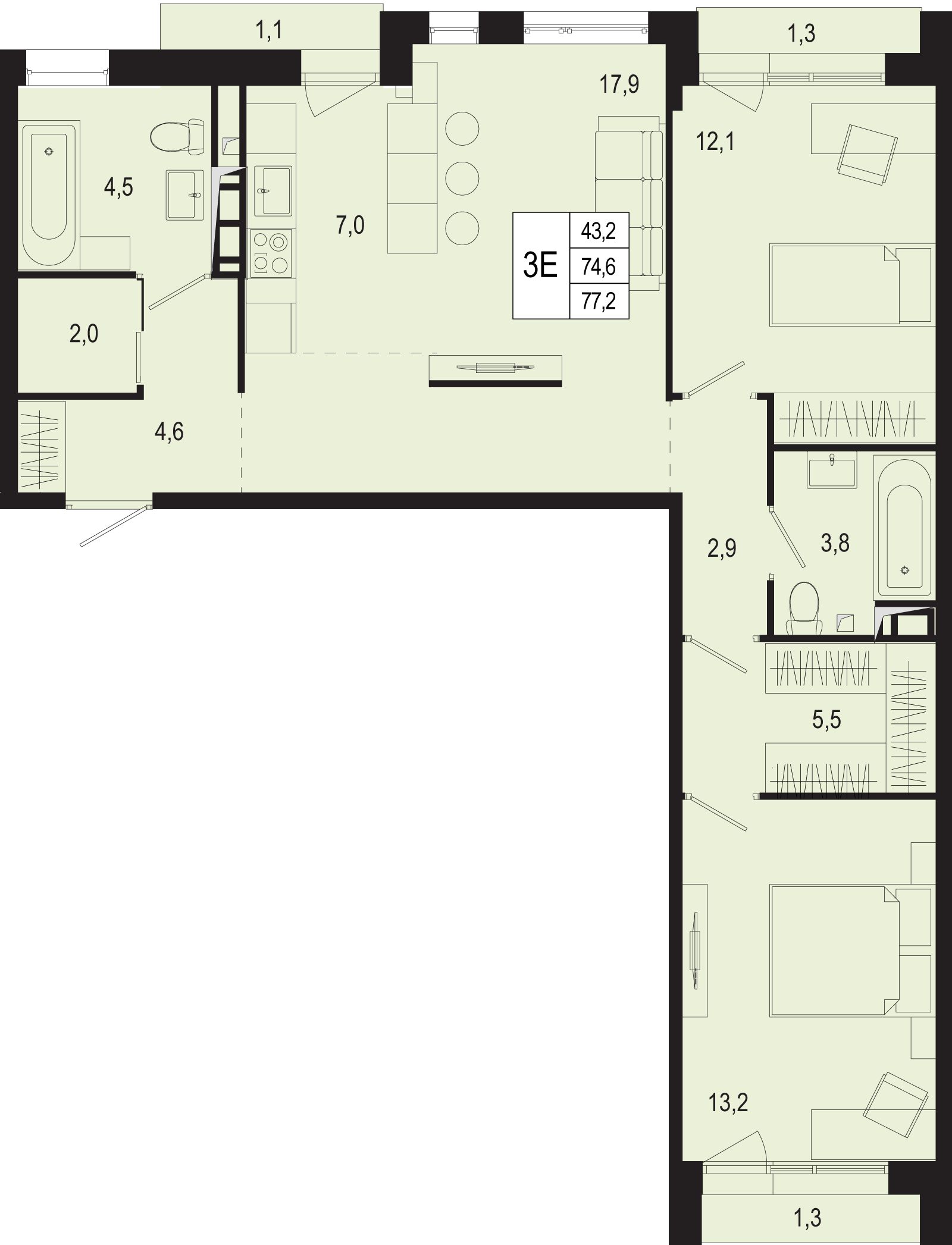 3 комн. квартира, 74.6 м², 7 этаж 