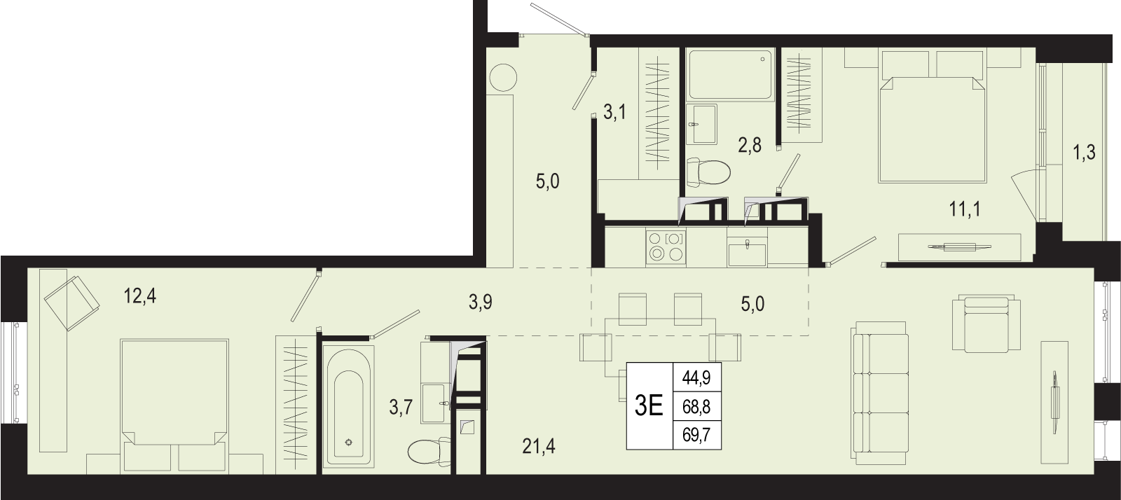 3 комн. квартира, 68.8 м², 5 этаж 