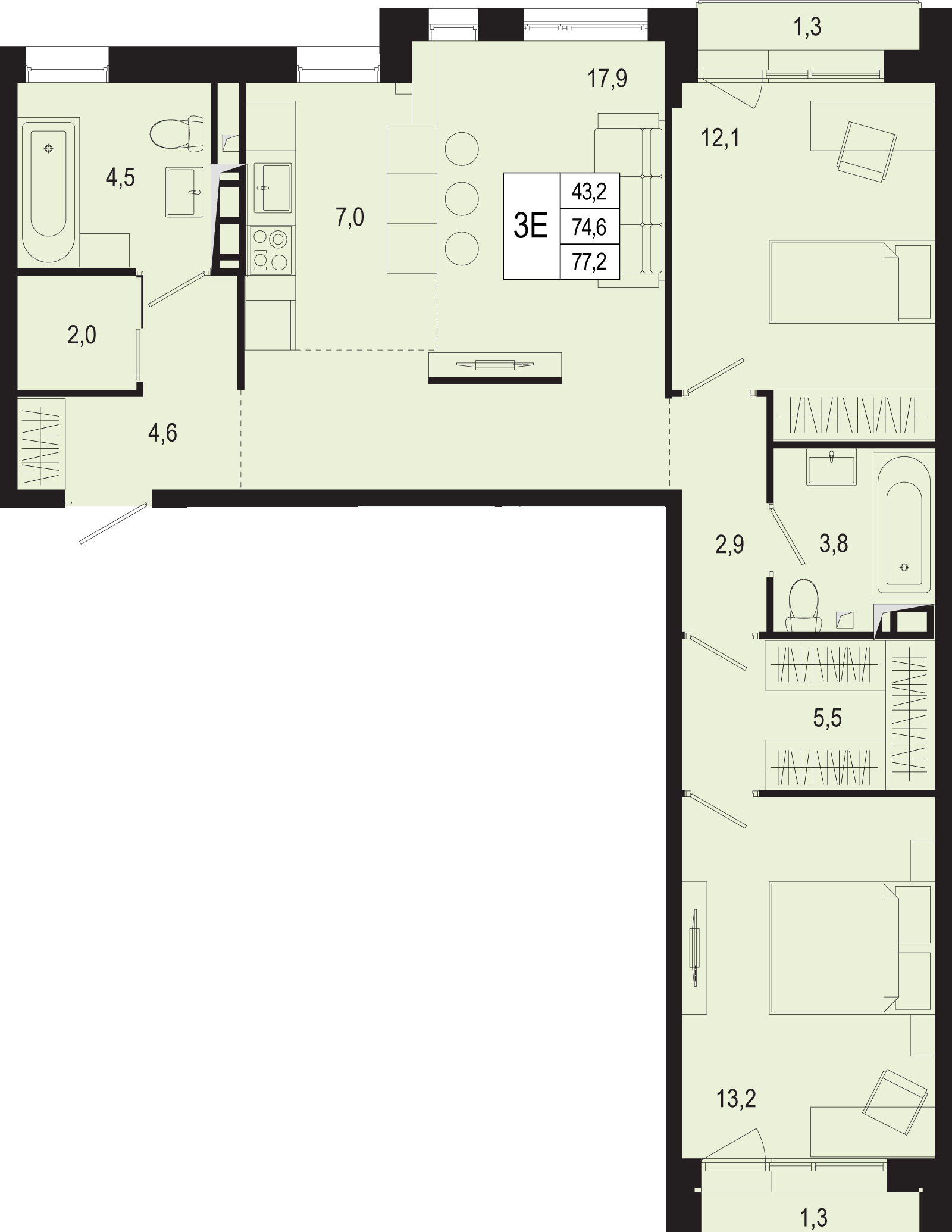3 комн. квартира, 74.6 м², 2 этаж 