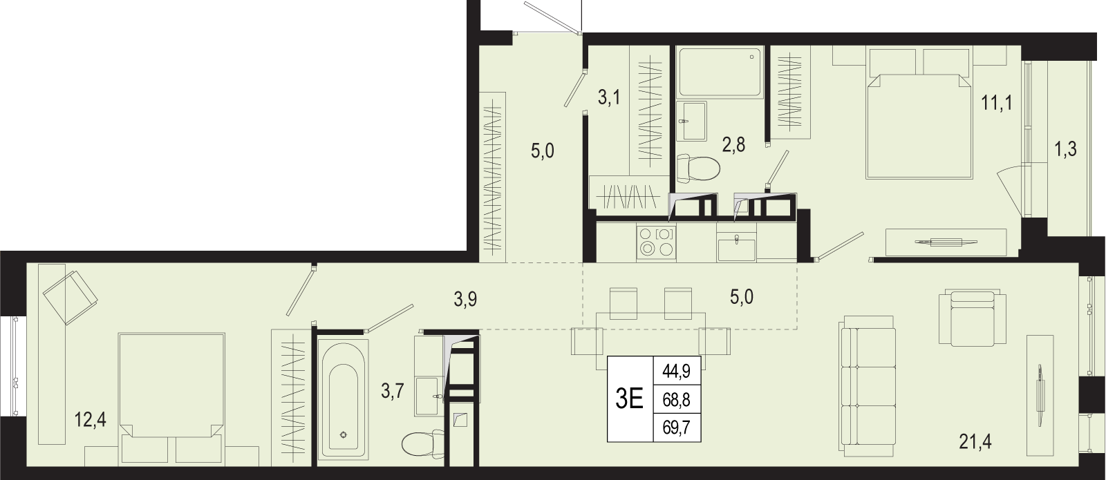 3 комн. квартира, 68.8 м², 2 этаж 