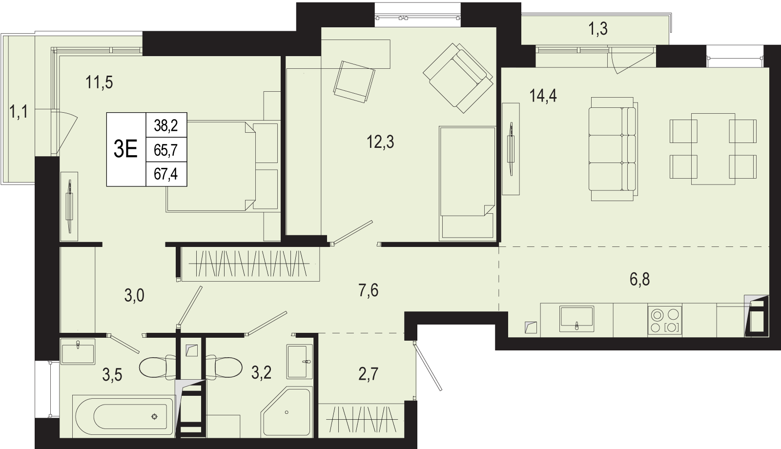 3 комн. квартира, 65.7 м², 4 этаж 