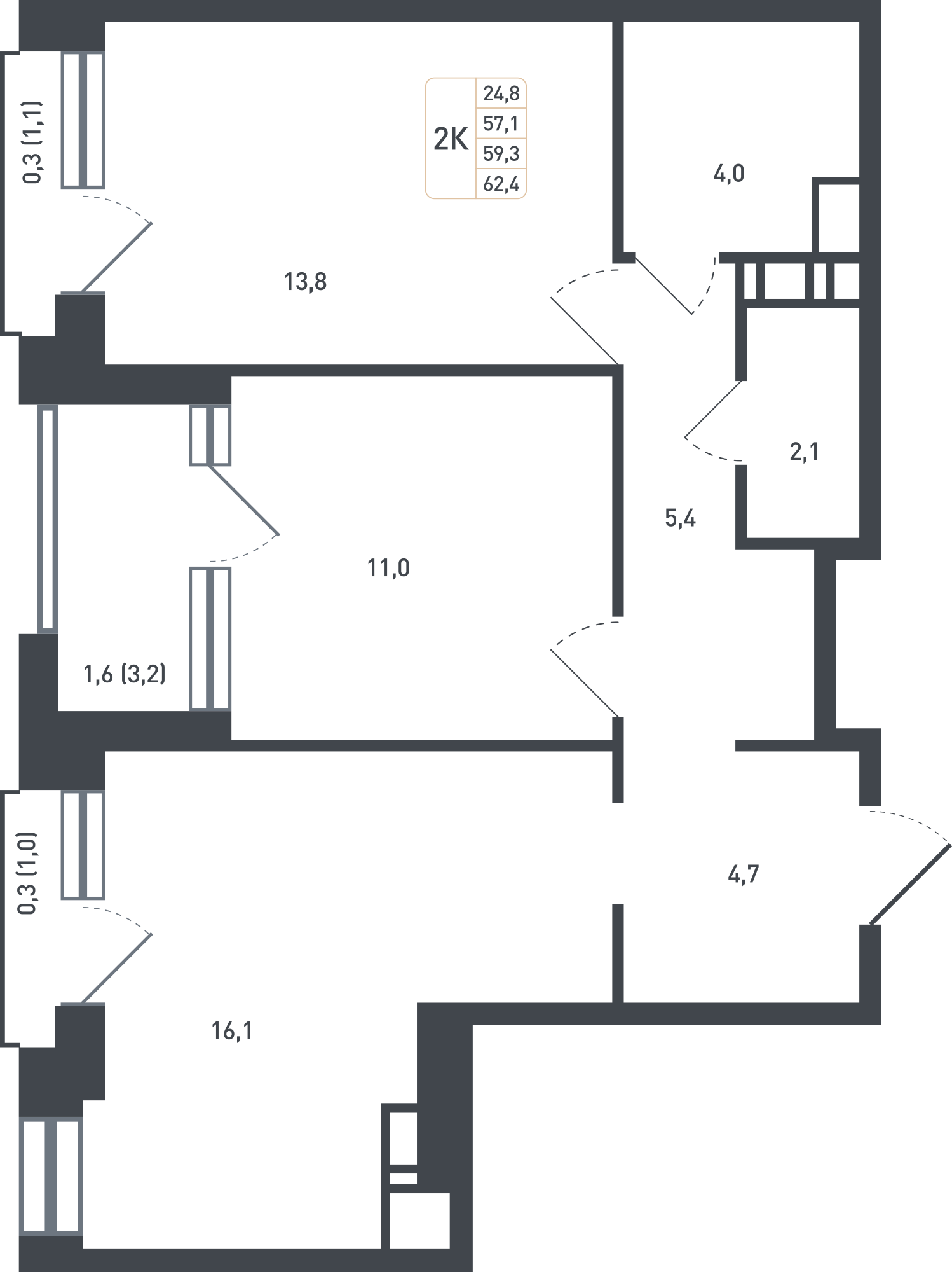 2 комн. квартира, 59.3 м², 3 этаж 