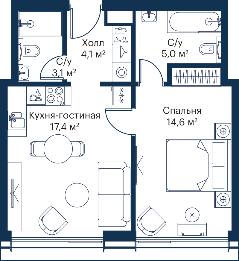 1 комн. квартира, 44.2 м², 35 этаж 