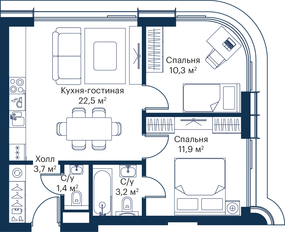 2 комн. квартира, 53 м², 37 этаж 